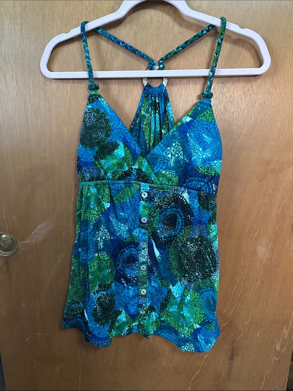 Self Esteem Blue & Green Printed Spaghetti-Strap Tank with Button Front